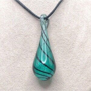 Vintage Teal & Black Swirl Hand Blown Art Glass Teardrop Pendant 2" 18.7g